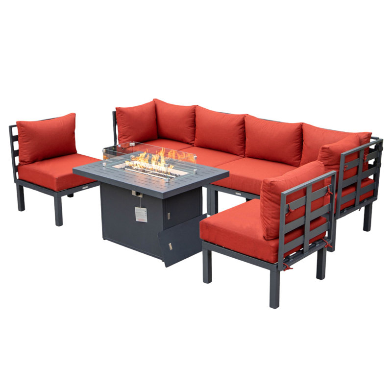 Ensemble modulaire d'extérieur 7 pièces Chelsea - Ensemble de conversation modulaire avec coussins, structure en aluminium et table basse en verre trempé