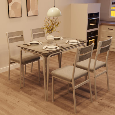 5-Piece Compact Dining Table Set for 4, Space Saving Kitchen Furniture with MDF Tabletop and Upholstered Chairs, Easy to Clean, Washed Gray Finish with White Metal Tube Frame
