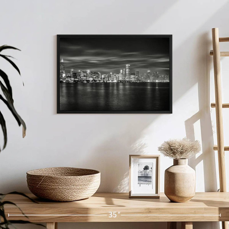Chicago City - monochrome, 19 po x 13 po, Cadre flottant noir
