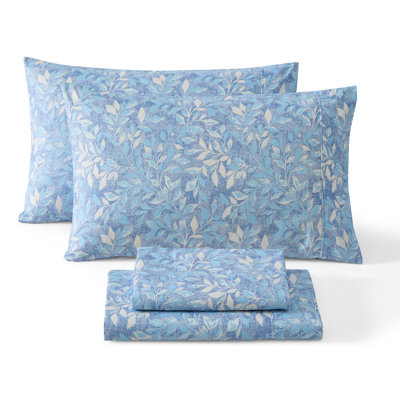 HLC.ME Leaves Printed Floral Bed Sheets - 4 Piece Patterned Bed Sheet Set - Wrinkle Resistant & Soft - Fits Mattresses Up To 15 Inches Deep (King, Blue)