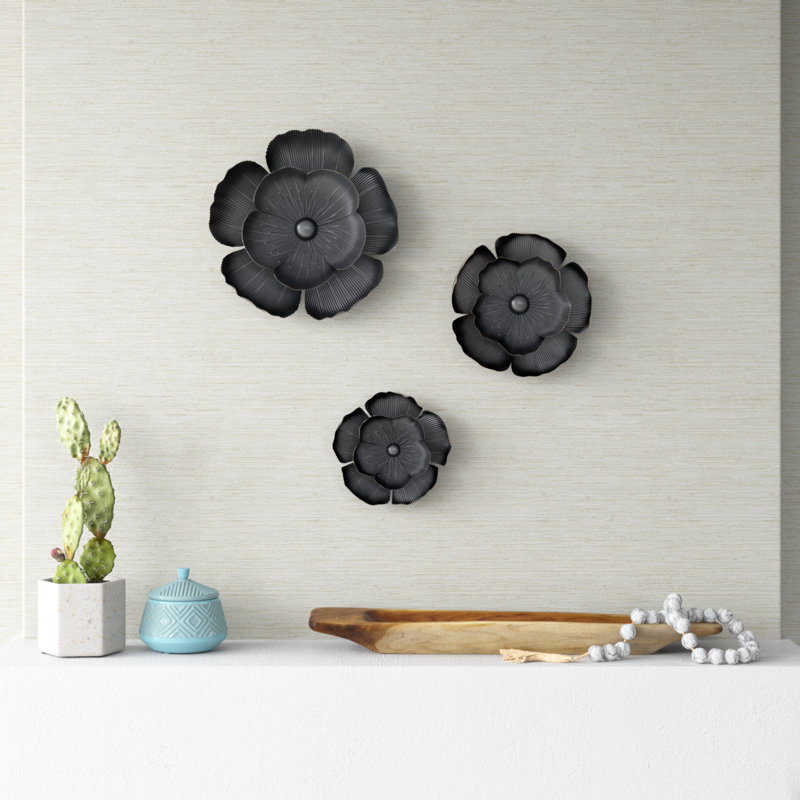 3 Piece Matte Black Metal Poppy Flower Wall Sculpture Set