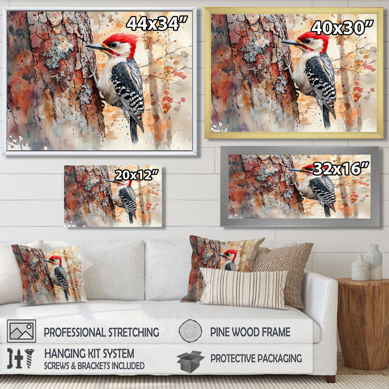 Pic dans la forêt - oiseau, art mural, H 28 po x l 60 po, Toile tendue sur cadre, Ne s’applique pas