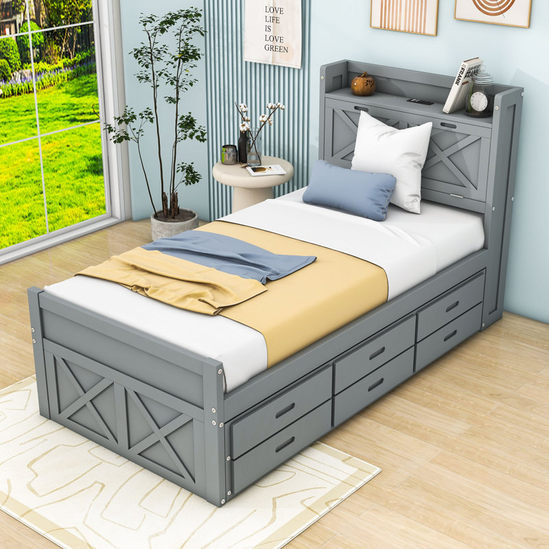 Wood Bed with Storage Headboard,Outlets,Twin Trundle and Three Drawers, Twin, Gray
