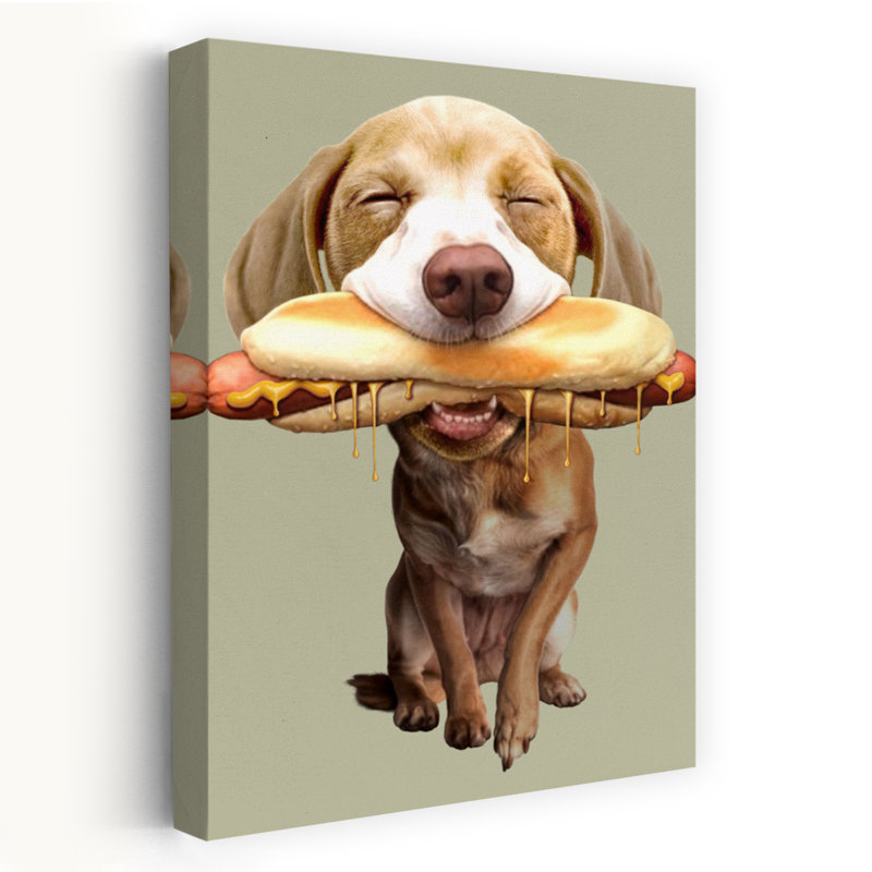 «Blissful Dog Hot Dog», reproduction d'art mural contemporain, 24" H x 16" W