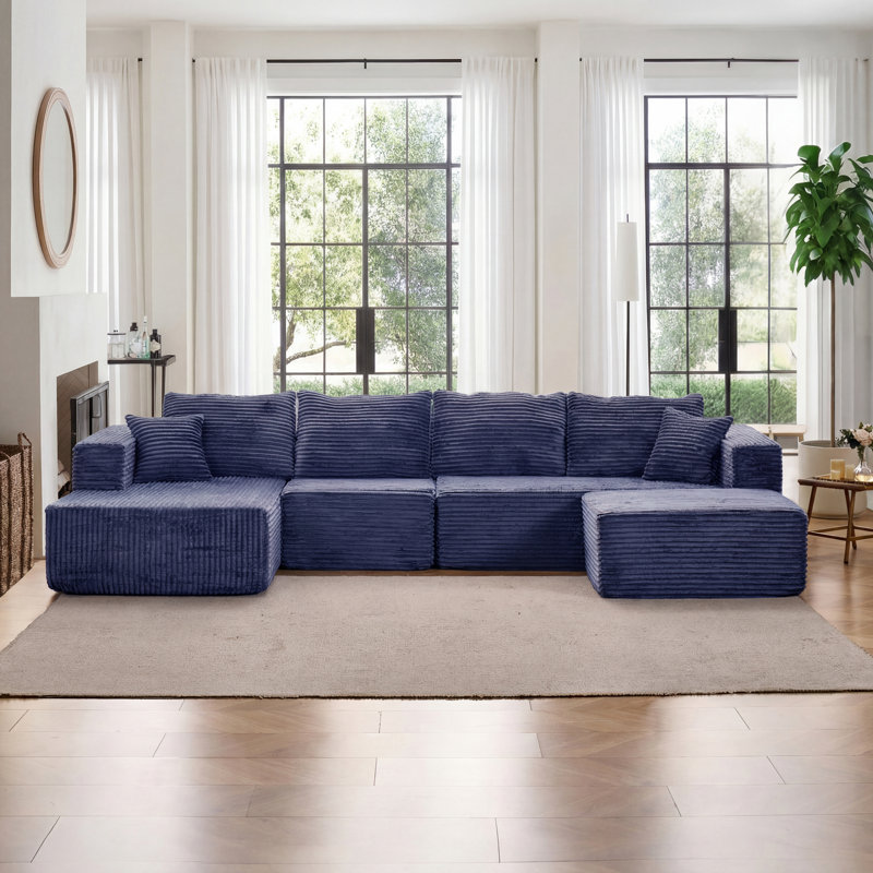 Canapé modulaire rembourré 4 pièces Kapellen, Bleu, Orienté à gauche (vu de face)