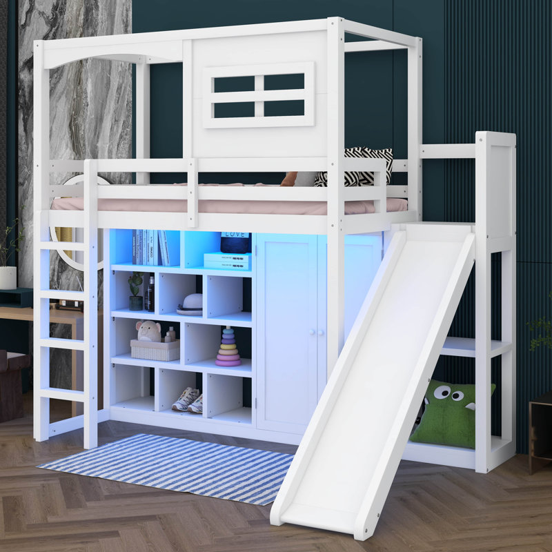 Twin Size Loft Bed With Wardrobe And Storage Shelves, Wooden Loft Bed Frame With Slide And LED