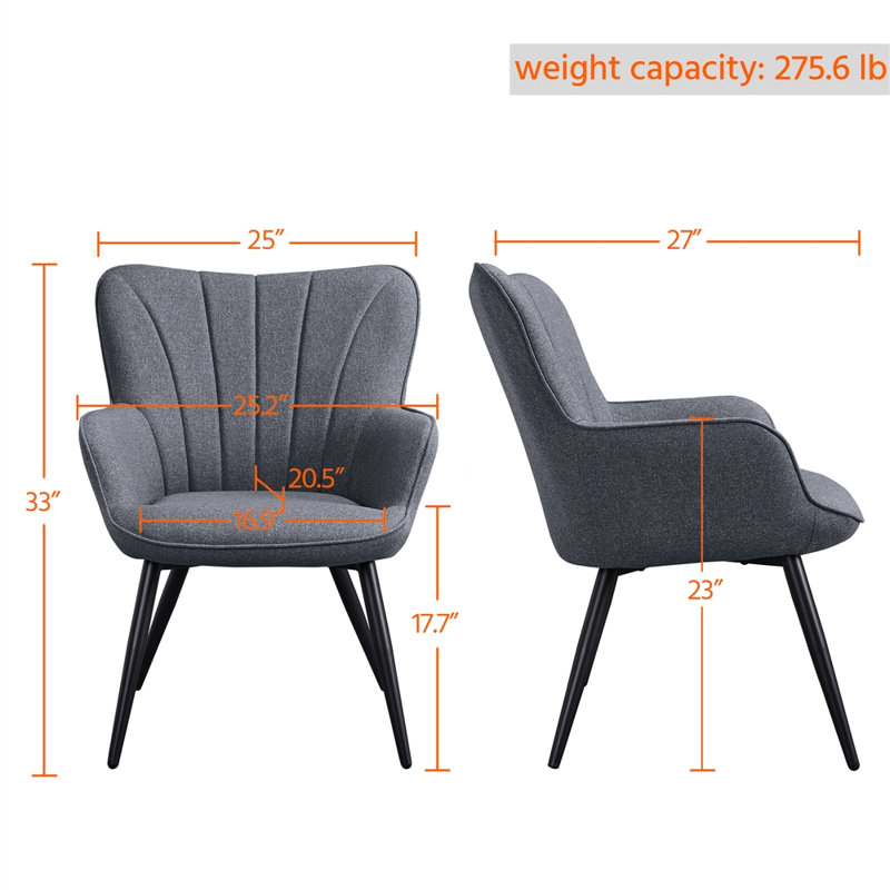 Bakhyt 25" Wide Upholstered Curved Back Armchair, Gray Linen, Black