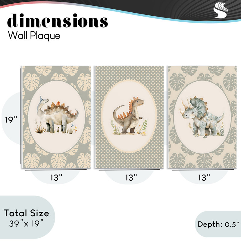 Ensemble de 3 plaques murales à motif de dinosaures pour chambre d'enfant, par LSR Design Studio, 19 x 13