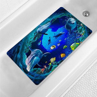 Tapis de bain bleu marine 15 x 27 po Dauphin et poisson