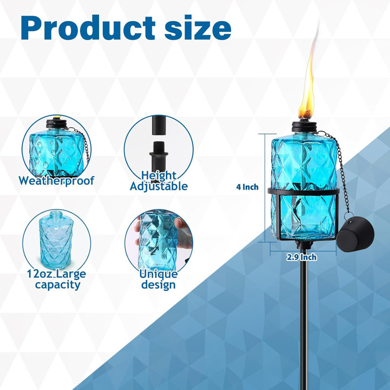 Paquet de 4 torches de jardin en verre bleu 12 oz, décoration de jardin pour torche d'extérieur 60 po