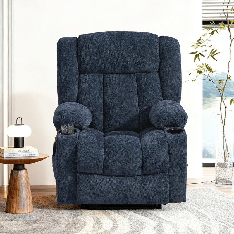 Power Lift Zero Gravity Recliner With Massage Heat Cup Holders  Side Pocket and USB Port, Chenille, Blue