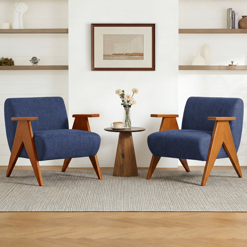 28"W Upholstered Arm Chair with Wood Legs, Navy