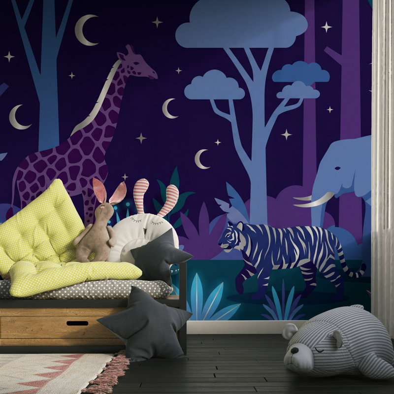 Murale sombre animaux de la nuit, L: 170 po x H: 108 po, Peler et coller