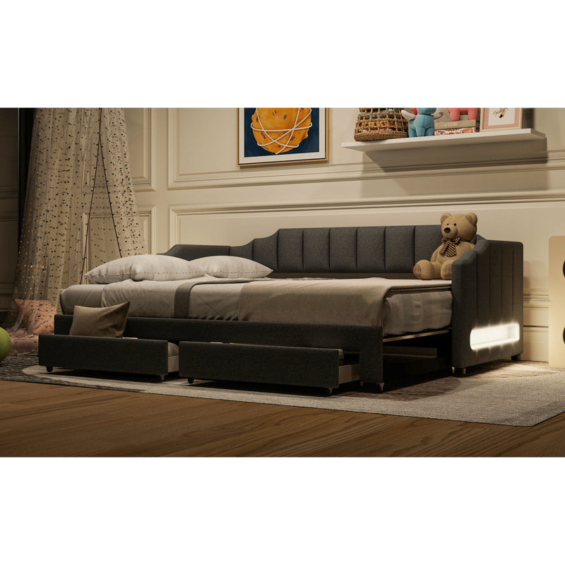 Lit de jour simple TG avec deux tiroirs de rangement, gris, pour des espaces de vie flexibles Confort extensible - Orienté