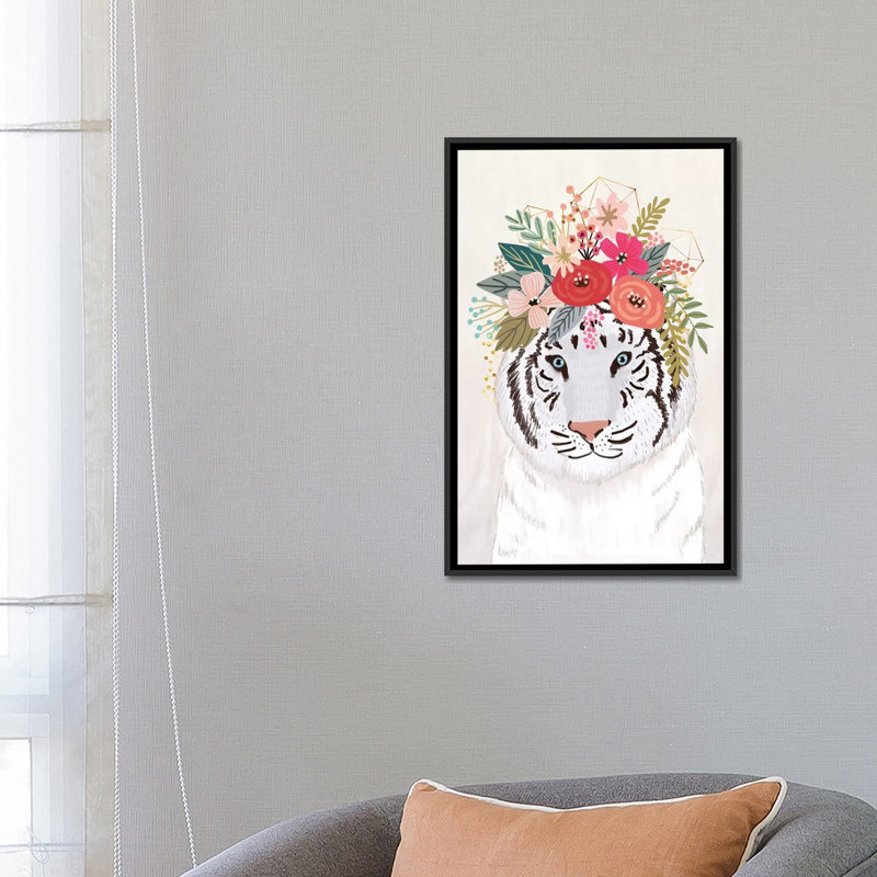 « white tiger », impression sur toile, H 26 po x l 18 po x P 1,5 po, Toile avec cadre noir, Pas de tapis