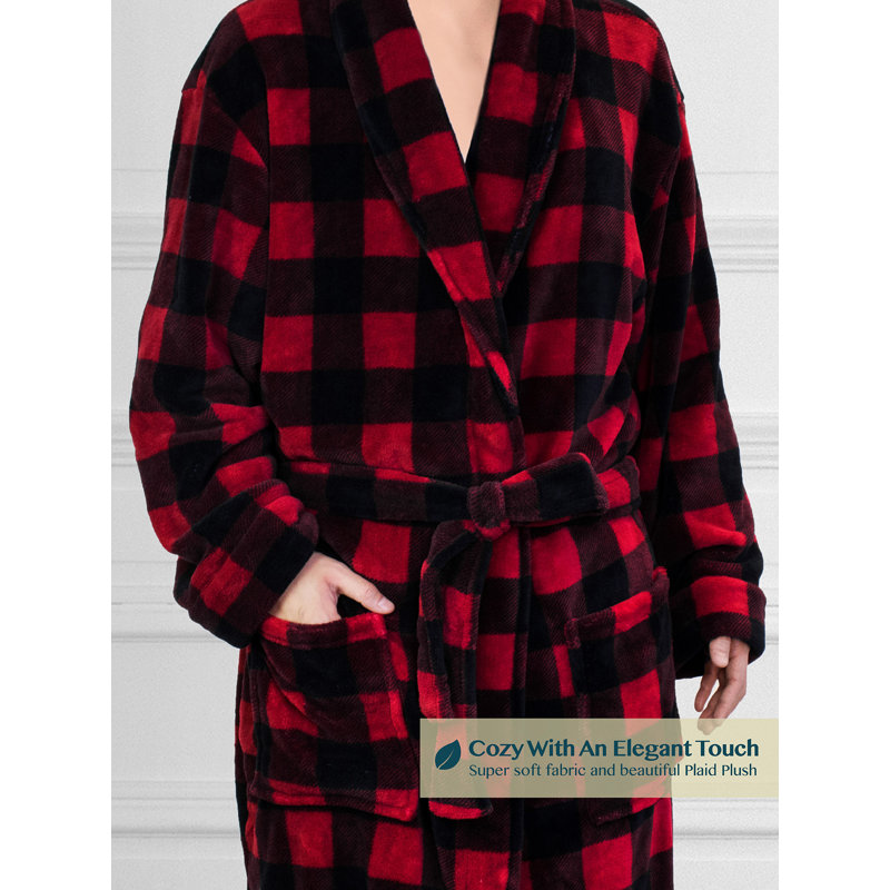 Red and Black Plaid Fleece Mid-Calf Bathrobe