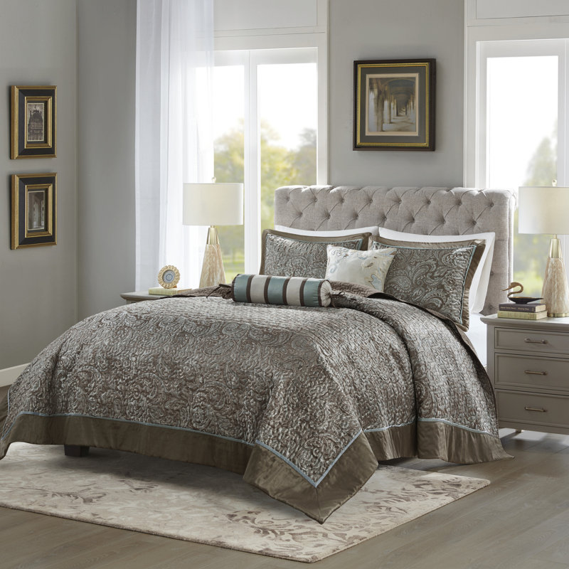 Aubrey Blue and Taupe Reversible Queen Bedspread Set