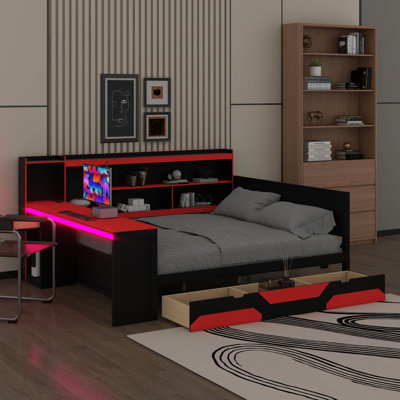 Lit de jour moderne pour les amateurs de divertissement, avec bureau intégré et éclairage, cadre de lit en bois à 3 sections avec rangement pour livres