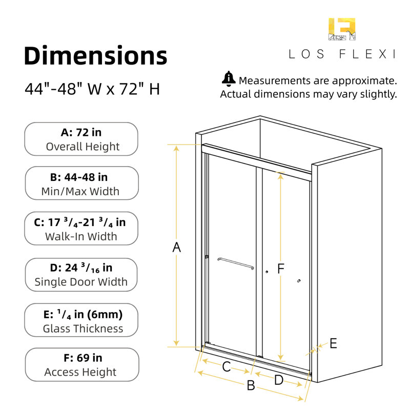 Semi-Frameless Double Sliding Shower Door, 1/4" SGCC Tempered Glass with Quiet Dual Rollers, 48" W x 72" H, Chrome