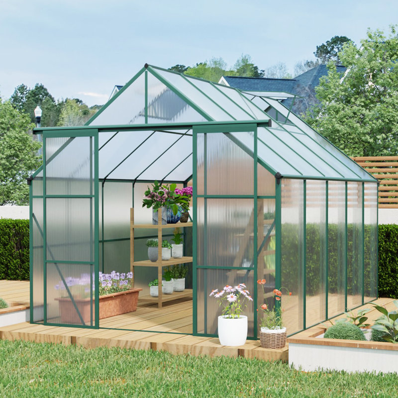 8x10 Polycarbonate Greenhouse With Double Door For Outdoor Backyard Green