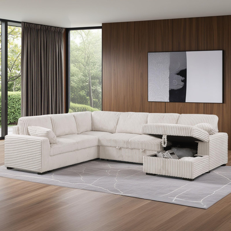 L-Shaped Sectional Sofa Bed Pull Out Sleeper Couch With Storage Chaise, Beige
