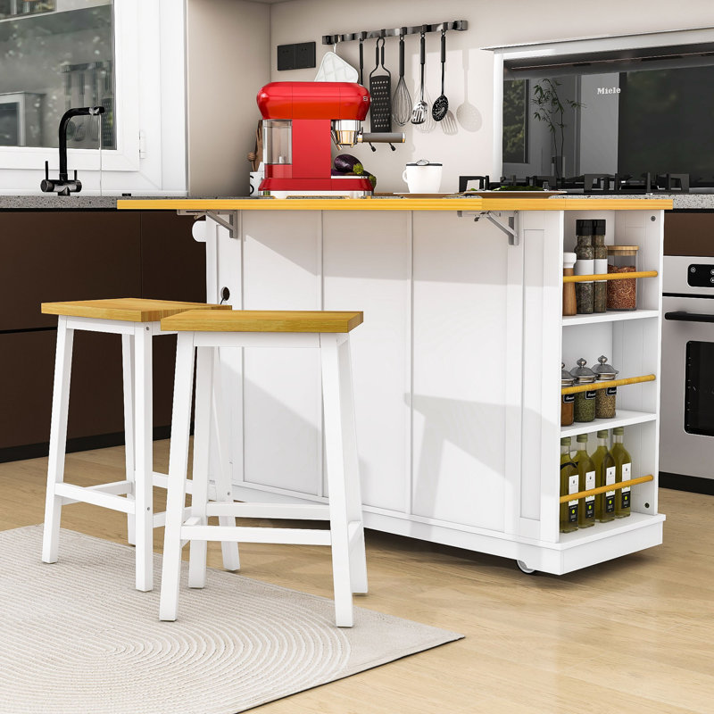 Kitchen Island with 2 Matching Bar Stools, Built-in Outlets and Ample Storage, White