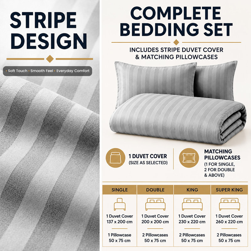 Microfiber Striped Duvet Cover Set with Pillowcases Included, Silver Striped, King Duvet Cover Set + 2 Standard Pillowcases