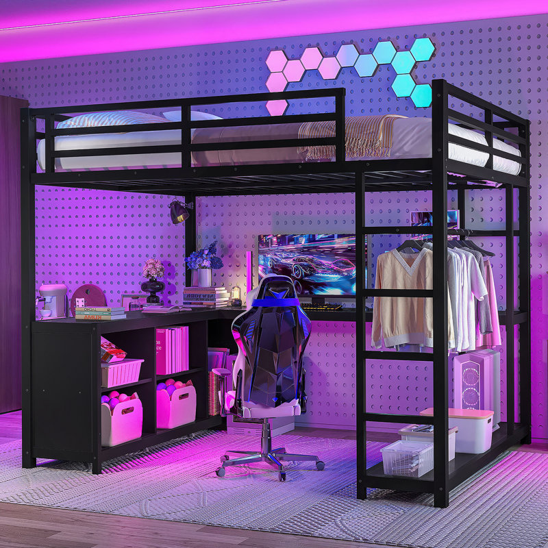 Lit mezzanine en métal avec garde-robe, bureau en L et rangement en métal, parfait pour une utilisation compacte et multifonctionnelle