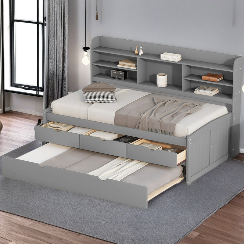 Lit capitaine simple en bois avec étagères intégrées, Gris clair