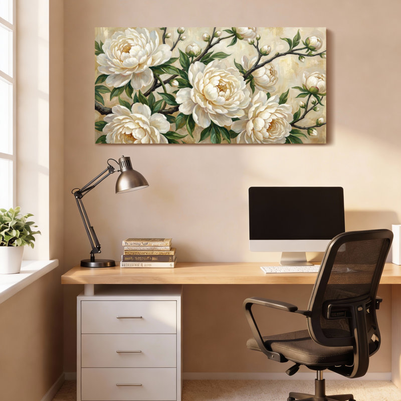 Ensemble de 1 tableau sur toile tendue à motif floral de pivoine blanche, H 28 po x l 58 po