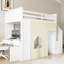 Lit mezzanine simple avec bureau, tiroirs et escalier de rangement, rideau, bois massif, blanc