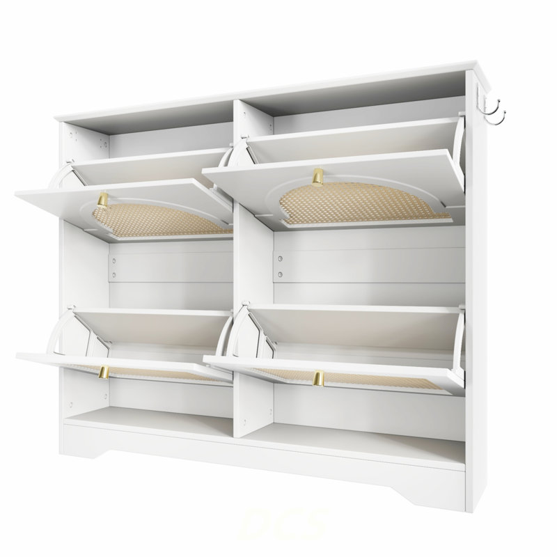 Mid-Century Narrow Design Tipping Bucket Shoe Cabinet With 4 Flip Drawers, Elegant Entryway Shoe Organizer With 4 Rattan Doors, Freestanding Shoe Rack With 2 Silvery Hooks For Hallway, White, 42.1"W, Shoe Storage