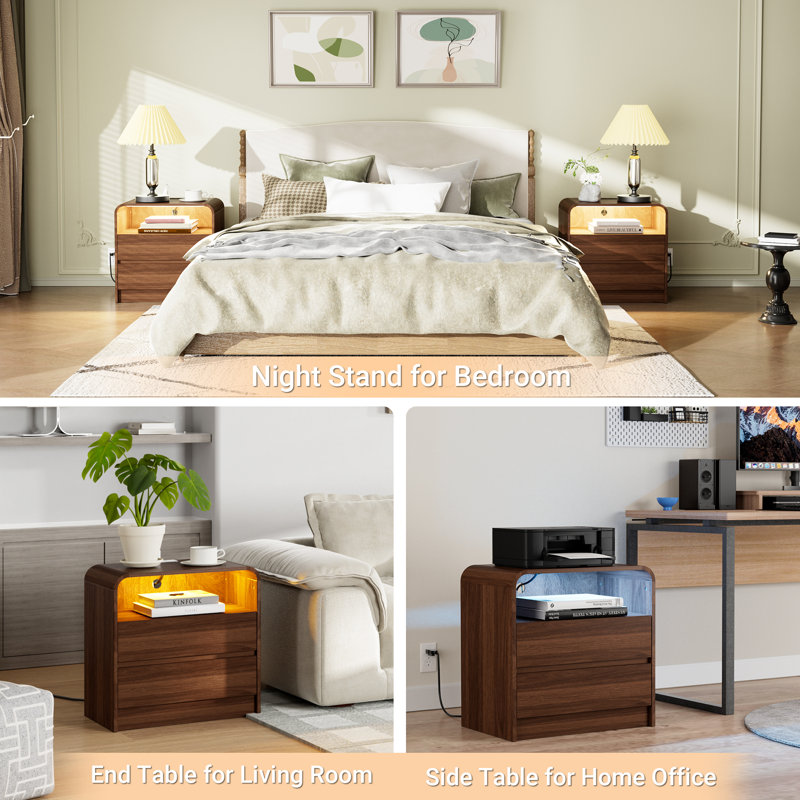 Avenley 24" Modern Nightstand with LED Light & Charging Station, 2 Handleless Drawers End Table with Open Shelf, Curved Profile, Side Table for Bedroom, Living room