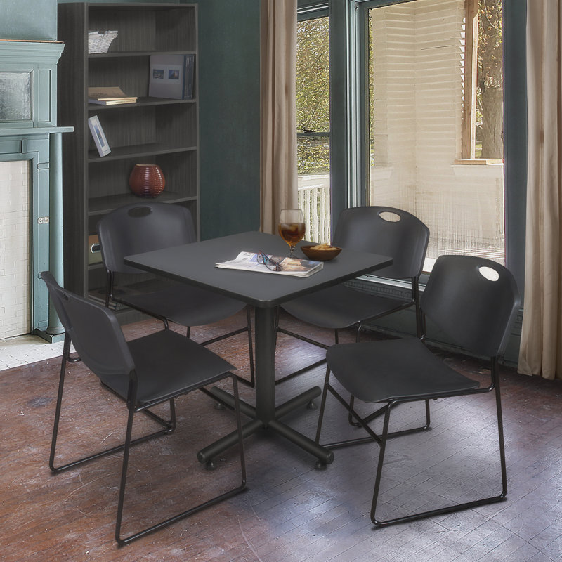 Kobe Square X-Base Breakroom Table, 4 Zeng Stack Chairs, Grey, Black
