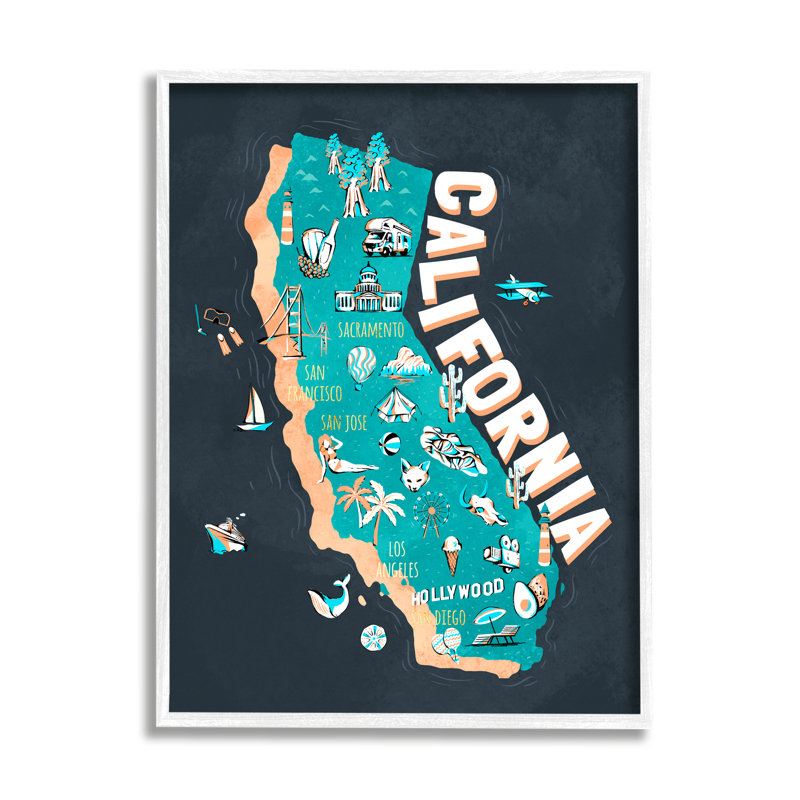 «California Golden State», carte iconographique sur toile «surdimensionnée» par Ziwei Li, H 11 po x l 14 po