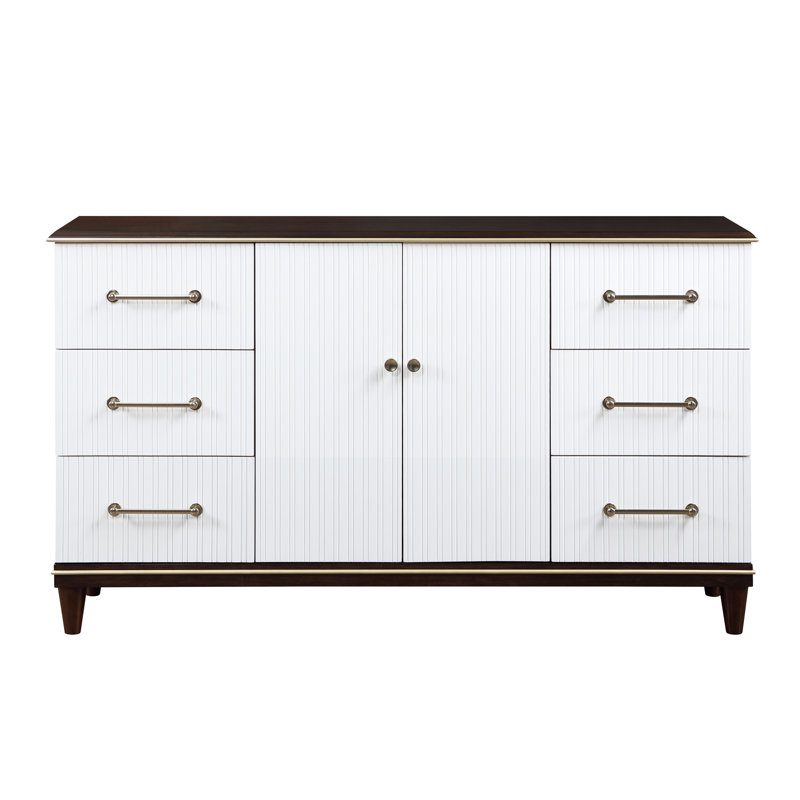 Commode contemporaine 1Pc de 6 tiroirs 2X étagères meubles de chambre à coucher modernes finition 2 tons avec garniture dorée