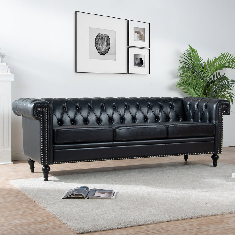 83,01 po de largeur pour 3 personnes, revêtement en cuir PU, coussins amovibles, mousse, décoration moderne large avec 3 sièges, cuir souple, assise confortable détachable, pieds de conception classique