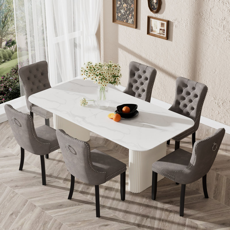 Elegant Marble MDF Dinning Table Set, 7, Gray