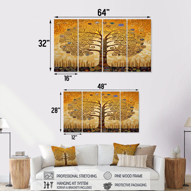 Art nouveau, art mural en spirale jaune - ensemble d'art mural 4 pièces, H 32 po x l 64 po