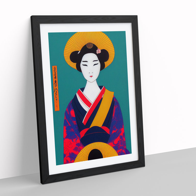 Colourful Geisha No.5 - Single Picture Frame Painting, Black, 64cm H x 46cm W x 2cm D