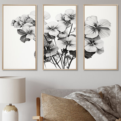 Minimalisme noir et blanc, géraniums - ensemble d'art sur toile géraniums