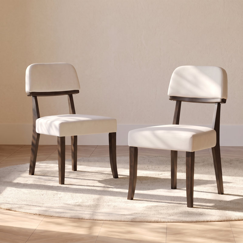Mid-Century Upholstered Solid Wood Side Chair  Set of 2, White
