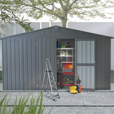 Grand bâtiment de rangement de 11 pi x 12,5 pi, cadre, fenêtres, serrure, remise d'atelier gris foncé, fenêtres et porte verrouillable