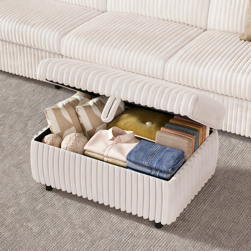 2 Seat Modular Sectional Sofa, Cream White Corduroy Couch With Storage Ottoman, Oversized Seat Cushion, Modular Design For Flexible Combinations, No-Tool Assembly, Includes 2 Throw Pillows