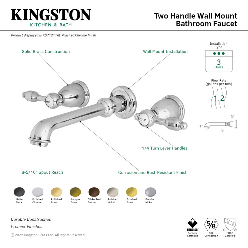 Kingston Brass Tudor Two-Handle 3-Hole Wall Mount Bathroom Faucet, Matte Black