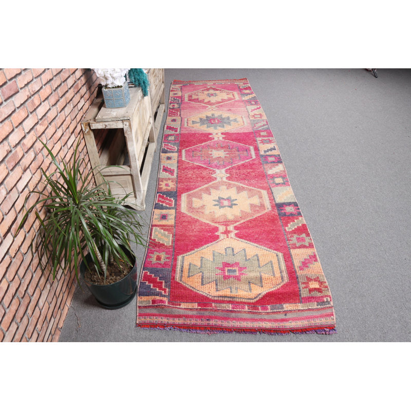 Tapis de couloir long rose et turc vintage pour escalier et couloir en laine - cadeau idéal pour la maison