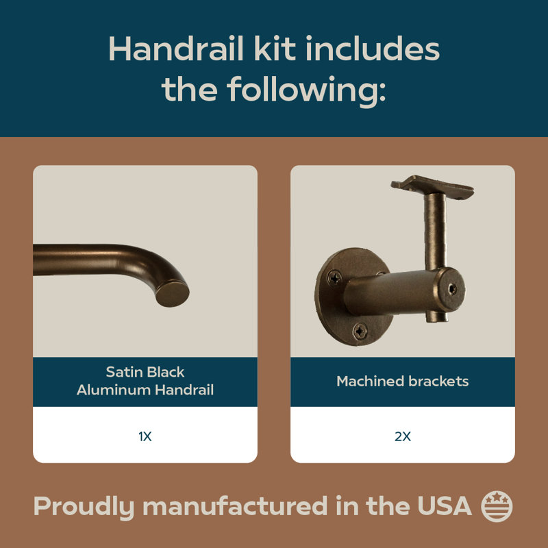 Industrial Aluminum 1.5 Inch Round Ada Complete Indoor/outdoor Straight Handrail Grab Bar Kit, Returns To Wall, Satin Black