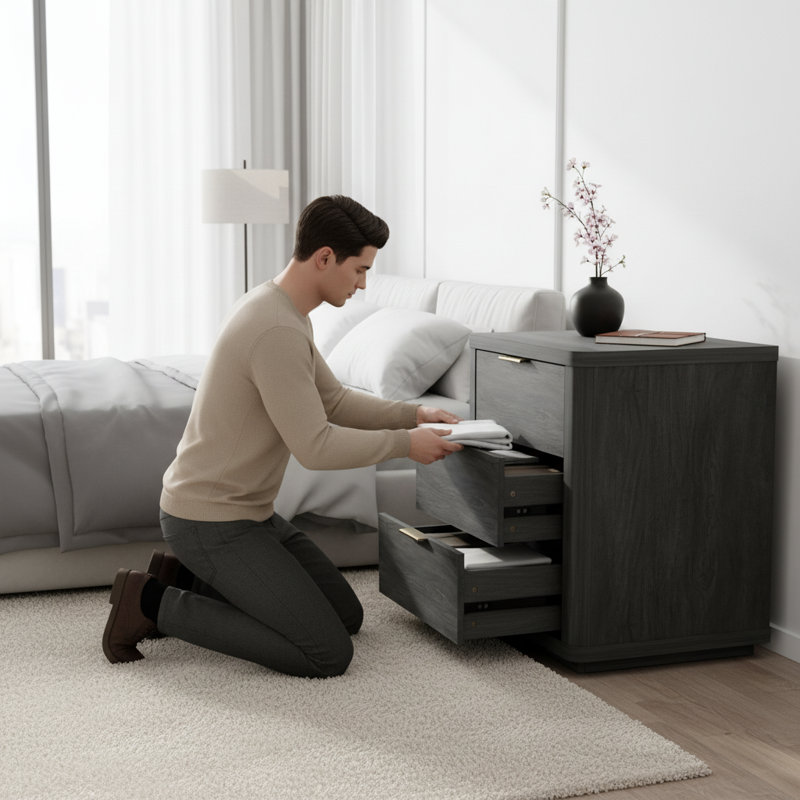 Sleek Modern Charcoal Grey 3-drawer Nightstand | Full Extension Bedside Storage End Table | Gift Idea
