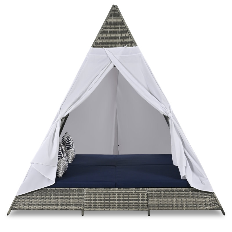 Lit de jour d'extérieur en osier avec coussins 90,5 ", Bleu, Gris