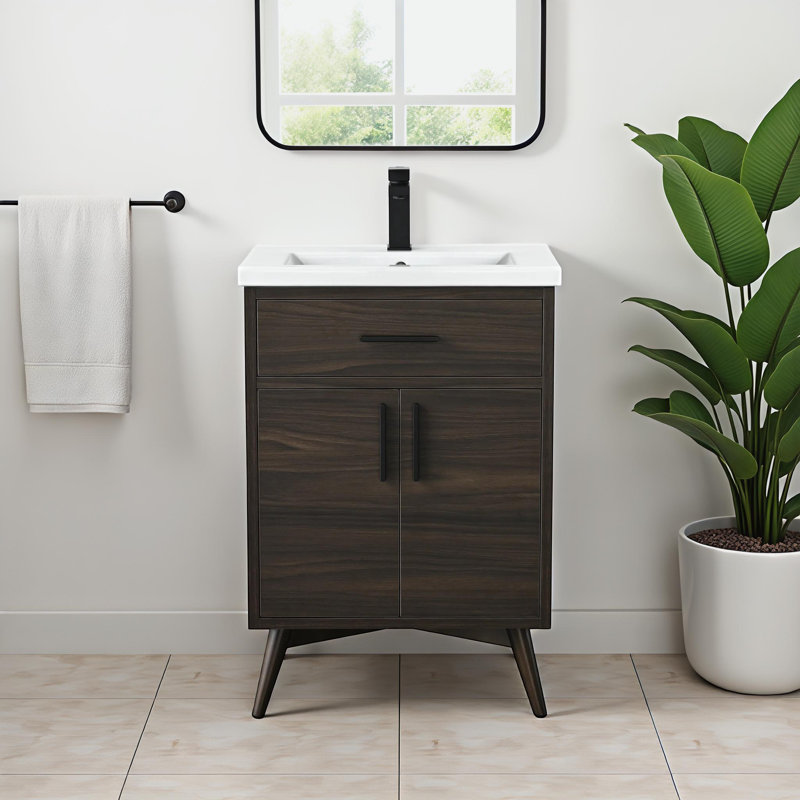 Binford 24'' Single Bathroom Vanity with Ceramic Top, Dark Walnut/Matt Black